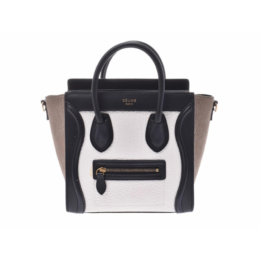 Celine Luggage Shopper Tricolor White Black Brown Leather Handbag Strap